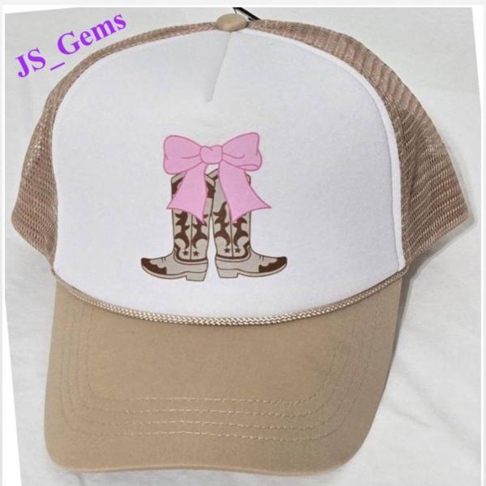 New Trucker Hat Womens OS Cowboy Boots Pink Bow Tan White Snap Back WT